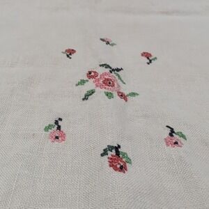 Vintage Linen Embroidered Pink & Red Flower Cream 22.5" x 13" Towel ? Floral